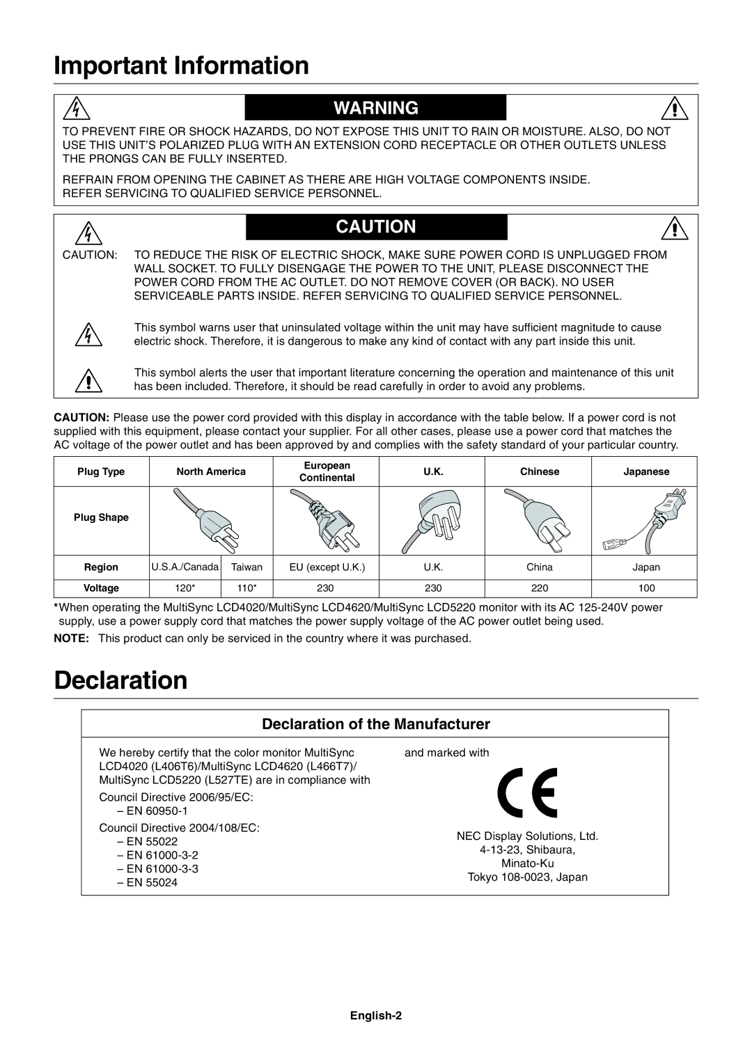 NEC LCD4020, LCD5220 user manual Important Information, Declaration of the Manufacturer, English-2, North America 