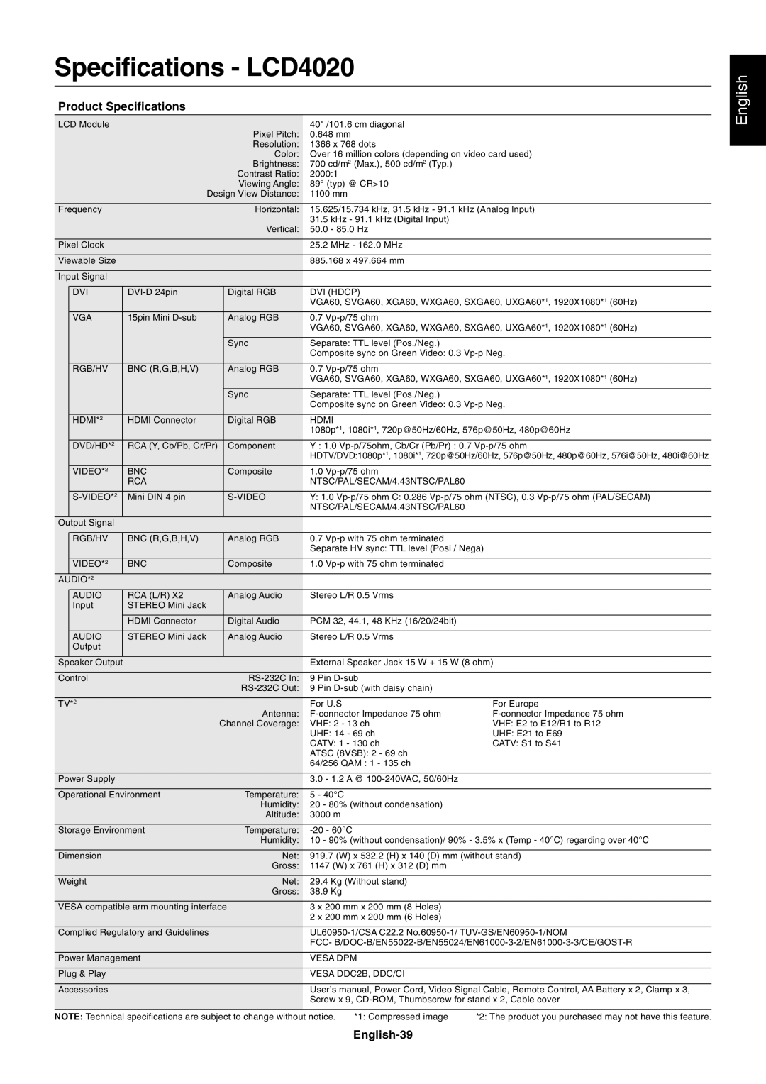 NEC LCD5220 user manual Specifications LCD4020, Product Specifications, English-39 