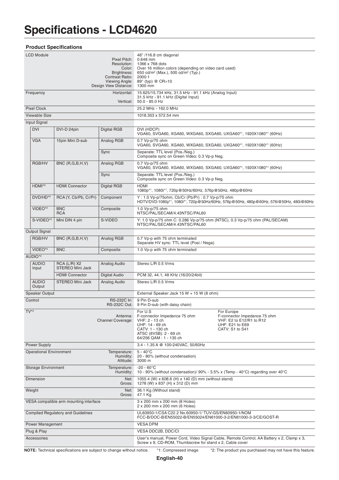 NEC LCD4020, LCD5220 user manual Specifications LCD4620, English-40 