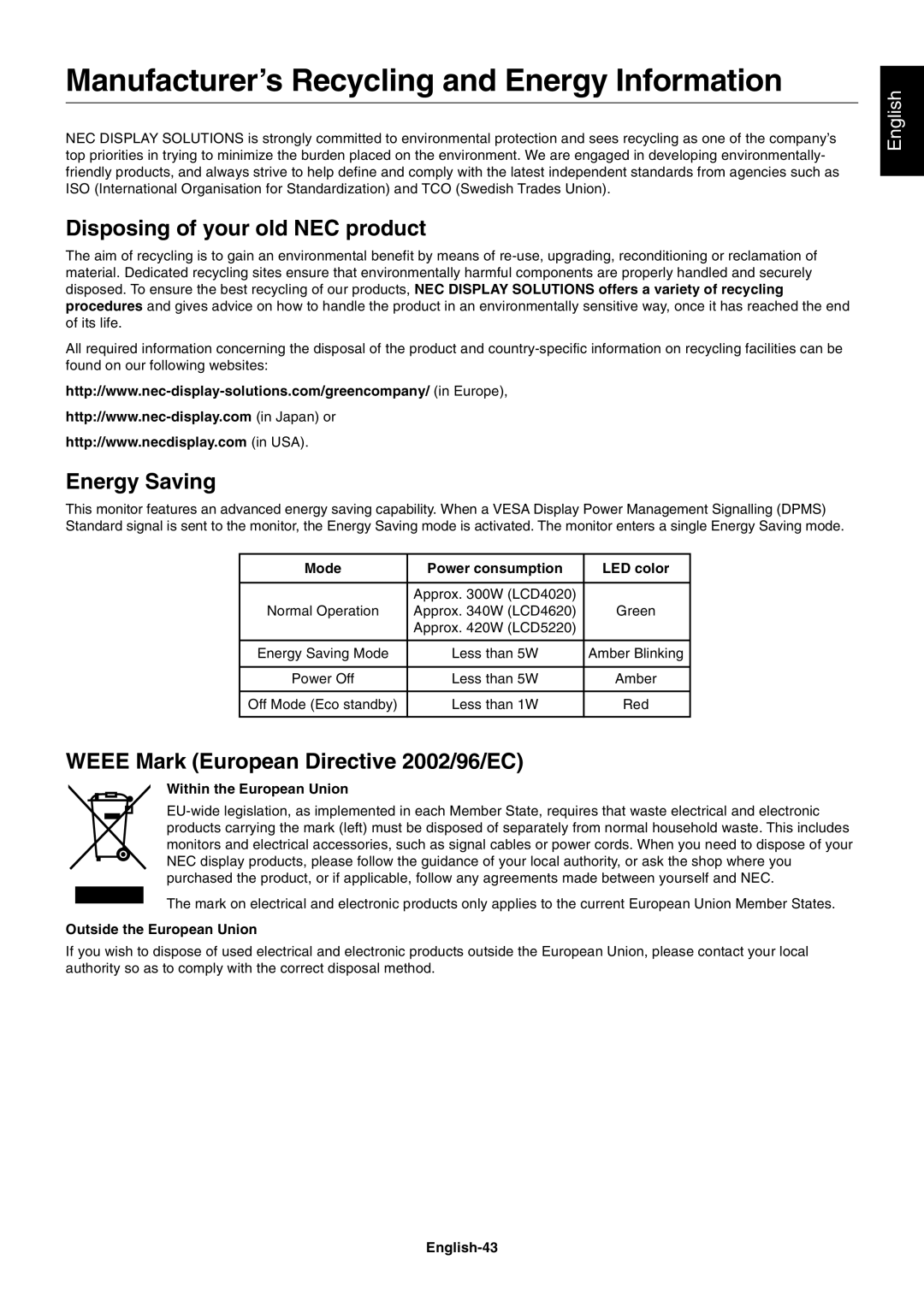 NEC LCD5220, LCD4020 Manufacturer’s Recycling and Energy Information, Disposing of your old NEC product, Energy Saving 