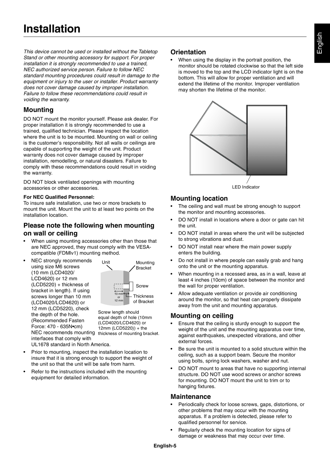 NEC LCD5220, LCD4020 user manual Installation 