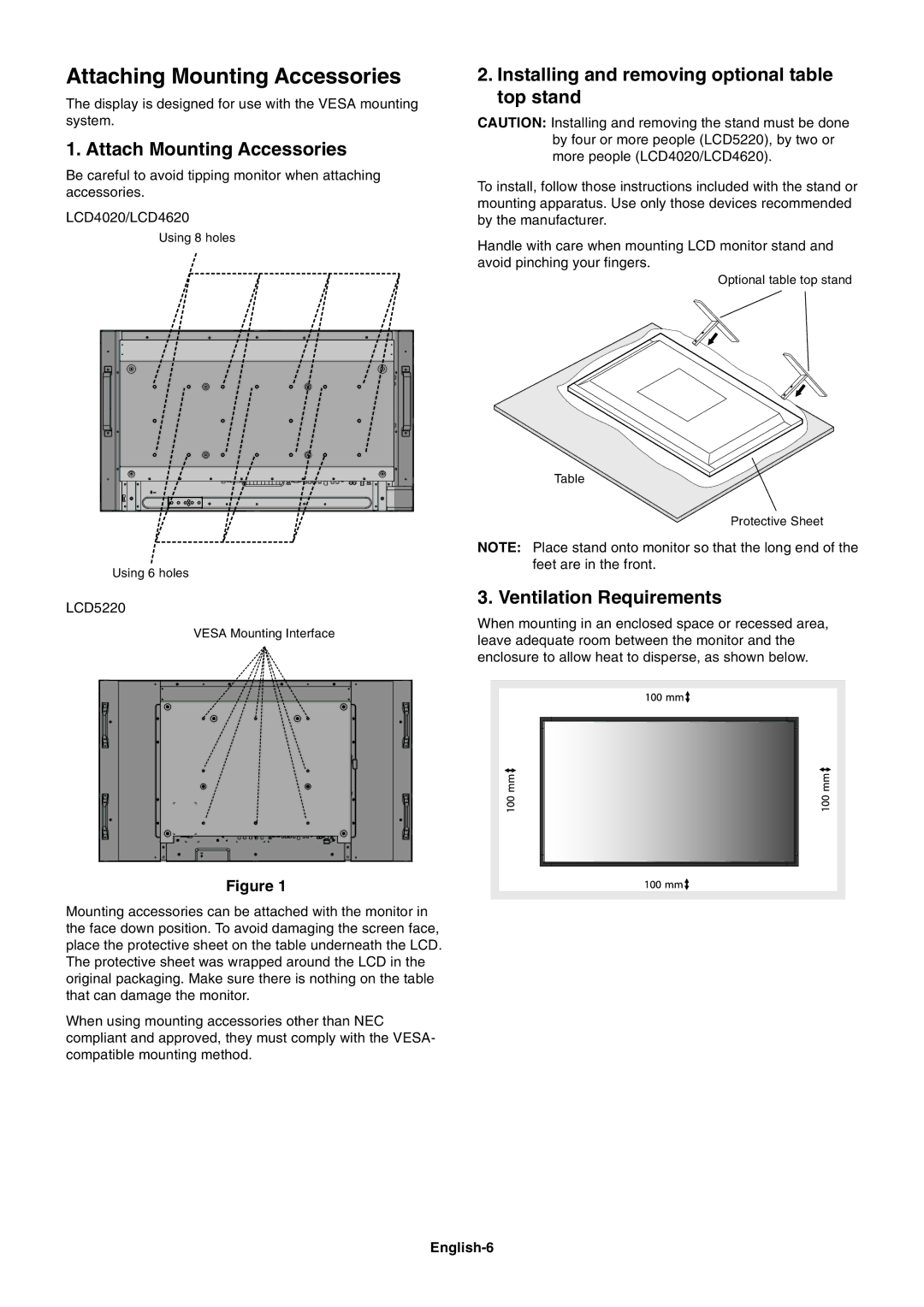 NEC LCD4020 Attaching Mounting Accessories, Attach Mounting Accessories, Installing and removing optional table top stand 