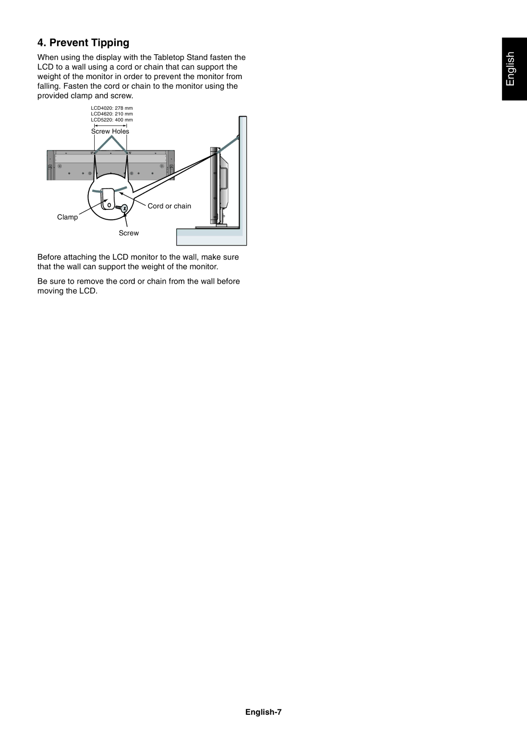 NEC LCD5220, LCD4020 user manual Prevent Tipping, English-7 