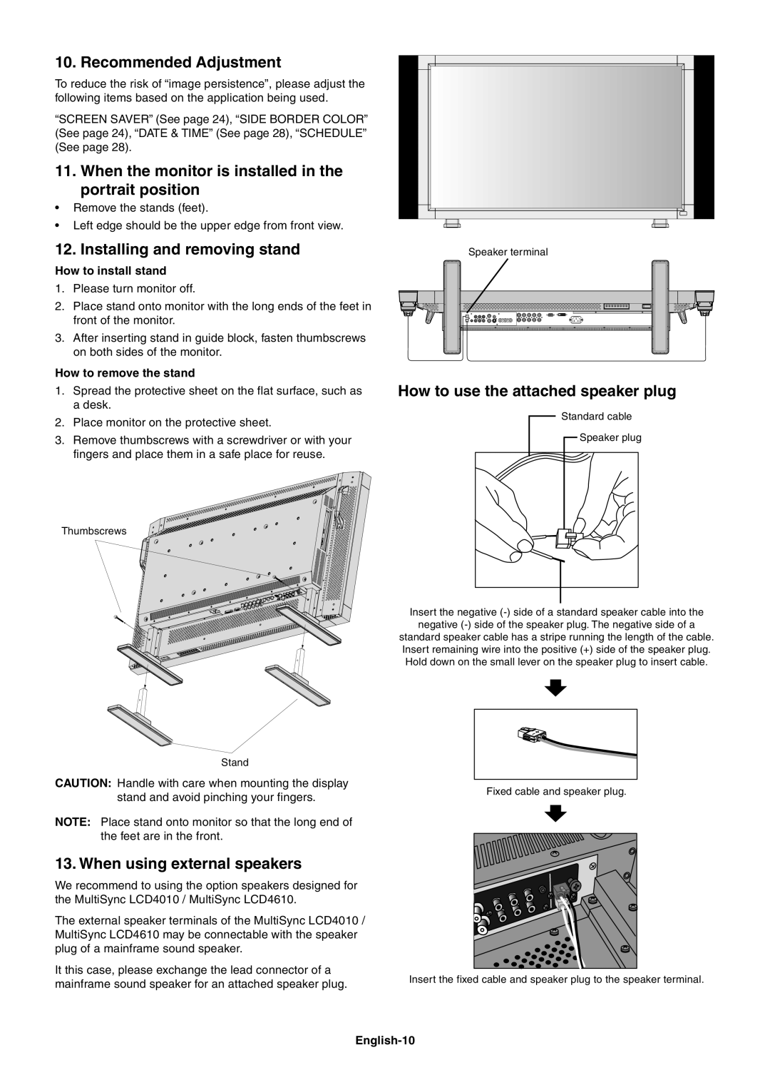 NEC LCD4610, LCD4610, LCD4010, LCD4610 Recommended Adjustment, When the monitor is installed in the portrait position 