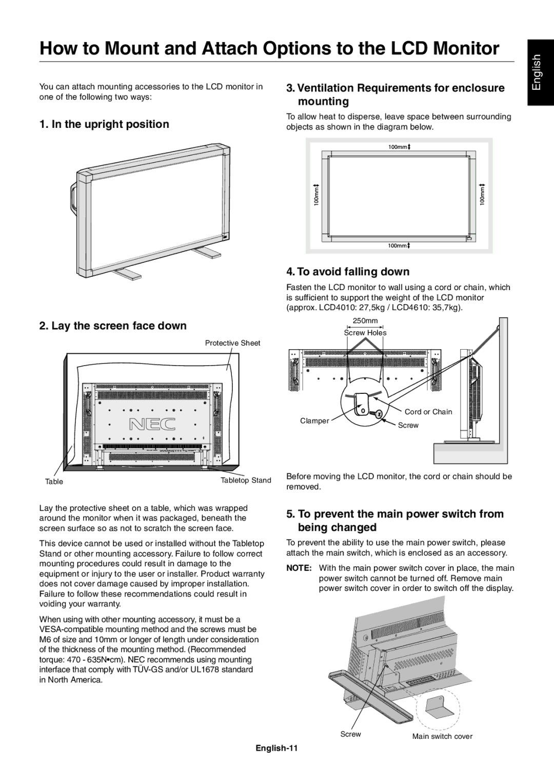 NEC LCD4010, LCD4610 How to Mount and Attach Options to the LCD Monitor, Upright position Lay the screen face down 