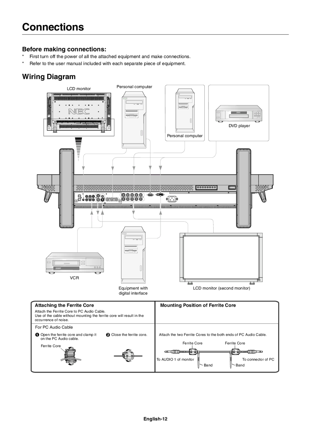 NEC LCD4610, LCD4610, LCD4010, LCD4610 user manual Connections, Wiring Diagram, Before making connections, English-12 