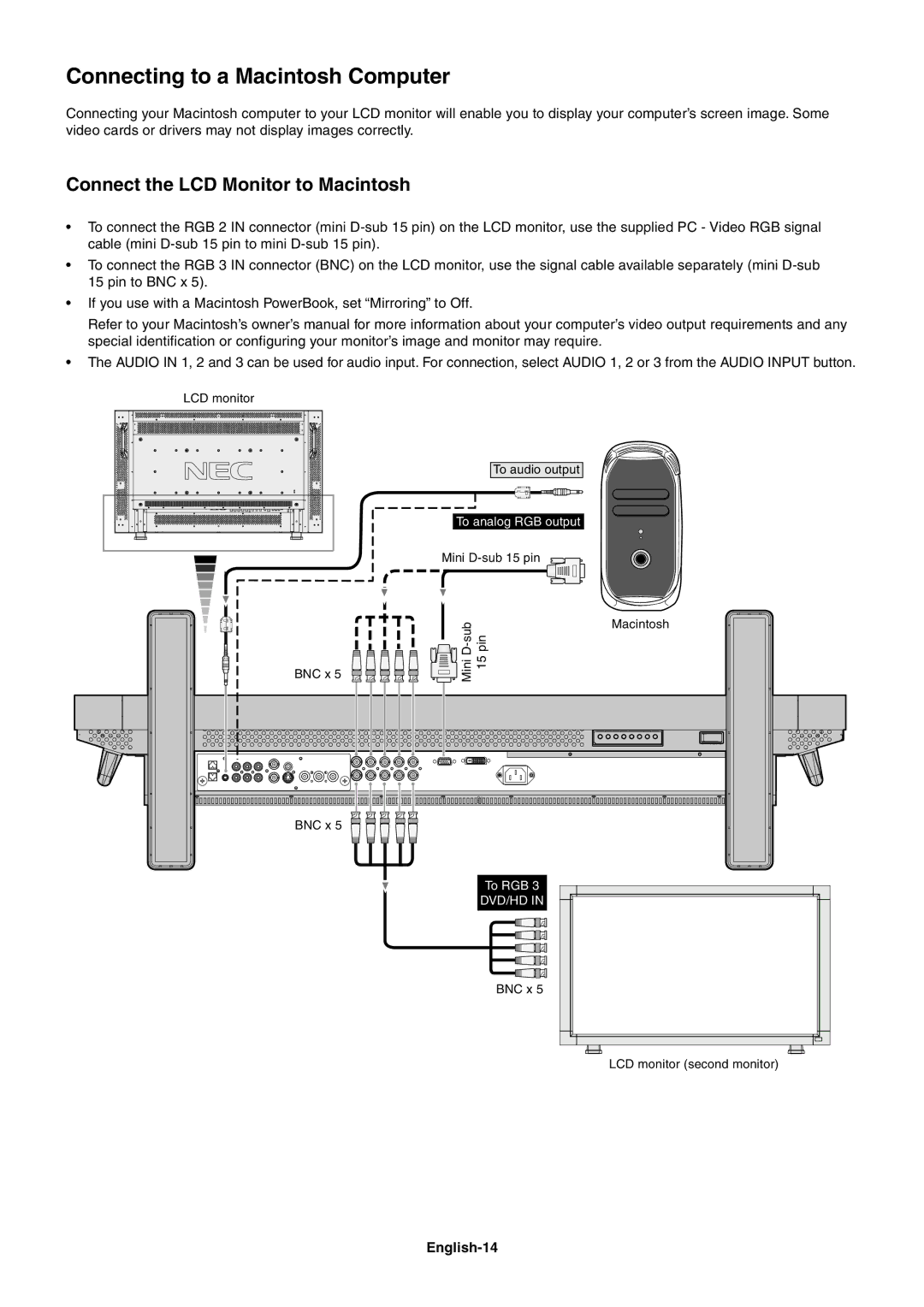 NEC LCD4610, LCD4610 user manual Connecting to a Macintosh Computer, Connect the LCD Monitor to Macintosh, English-14 