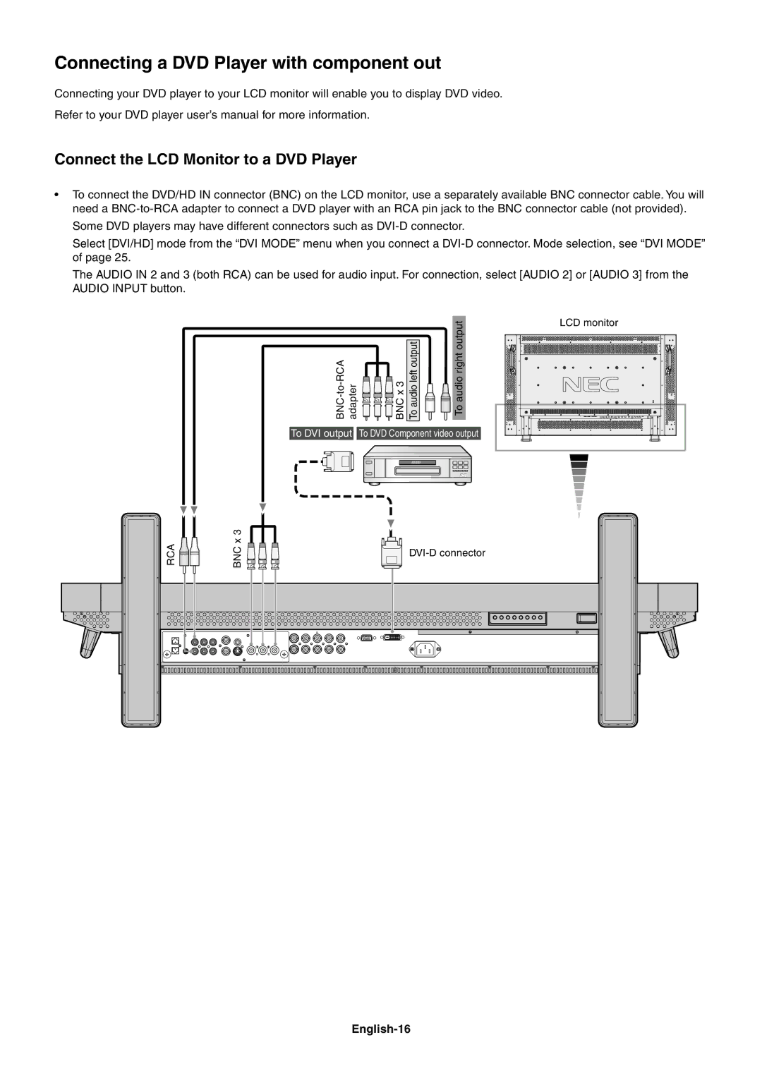 NEC LCD4610, LCD4610 Connecting a DVD Player with component out, Connect the LCD Monitor to a DVD Player, English-16 