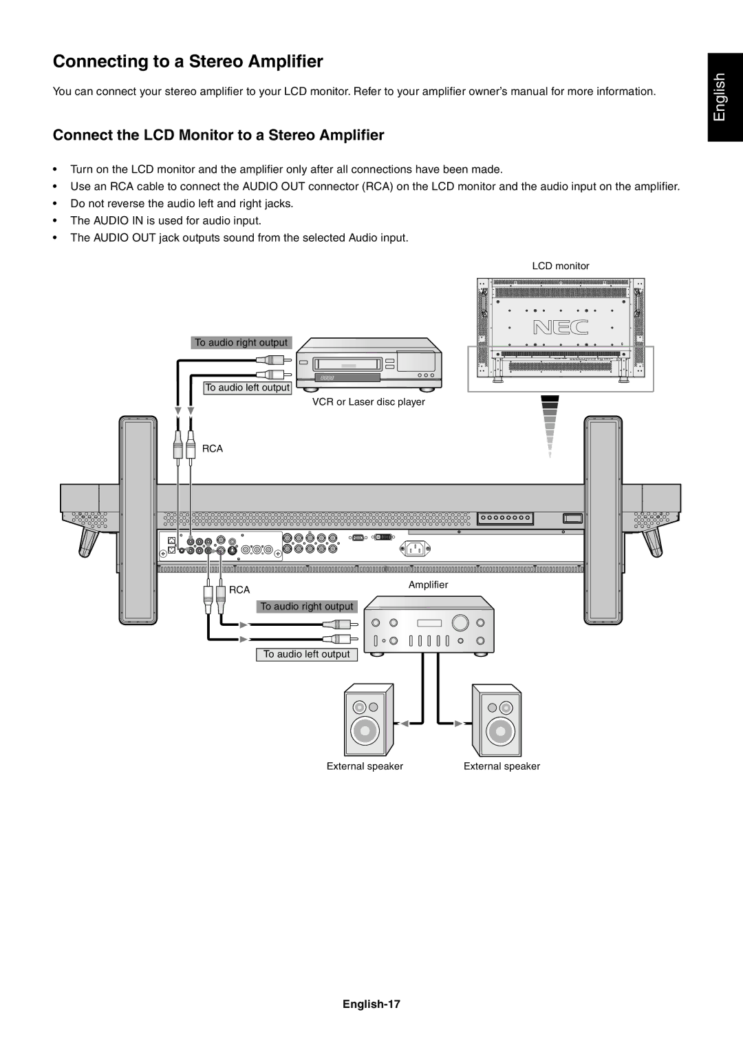 NEC LCD4010, LCD4610 Connecting to a Stereo Amplifier, Connect the LCD Monitor to a Stereo Amplifier, English-17 