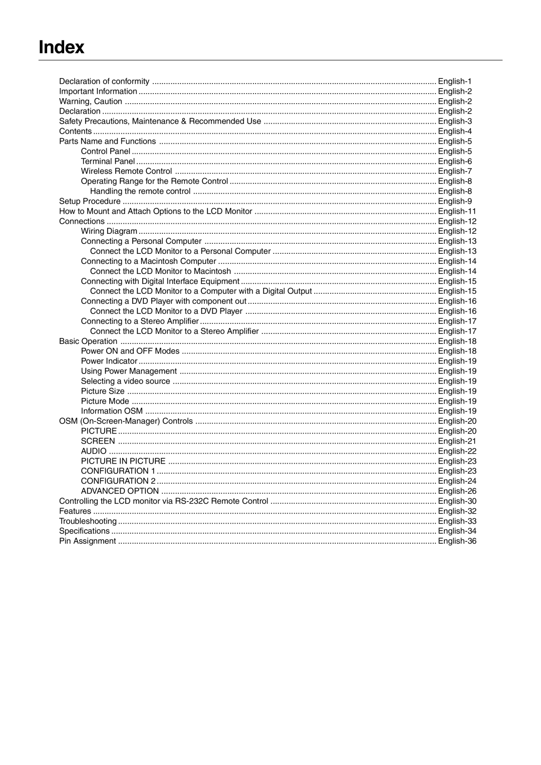 NEC LCD4610, LCD4610, LCD4010, LCD4610 user manual Index, Advanced Option 