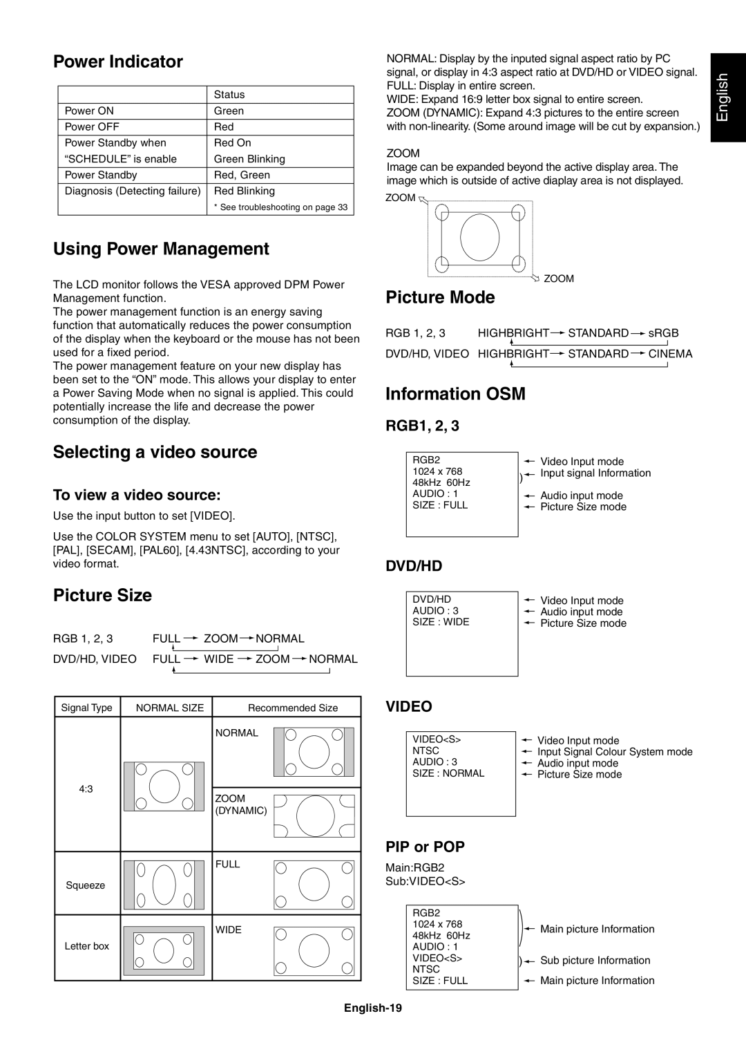 NEC LCD4010, LCD4610 Power Indicator, Using Power Management, Picture Mode, Information OSM, Selecting a video source 