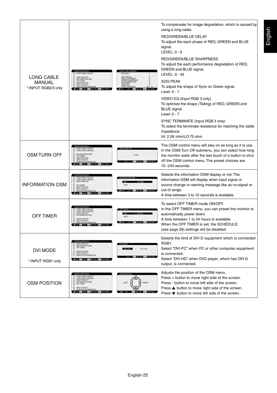 NEC LCD4010, LCD4610 user manual Long Cable, Manual, OSM Turn OFF, Information OSM, OFF Timer, DVI Mode, OSM Position 