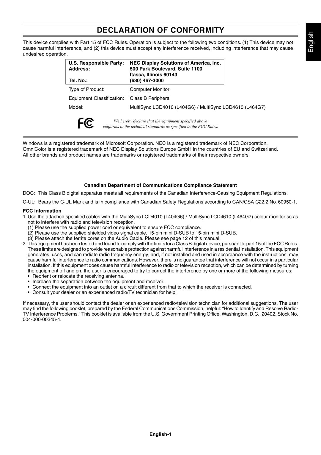 NEC LCD4010, LCD4610 user manual Canadian Department of Communications Compliance Statement, FCC Information, English-1 