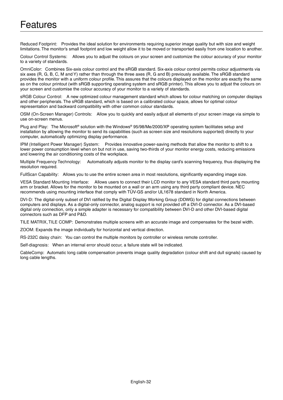 NEC LCD4610, LCD4610, LCD4010, LCD4610 user manual Features, English-32 