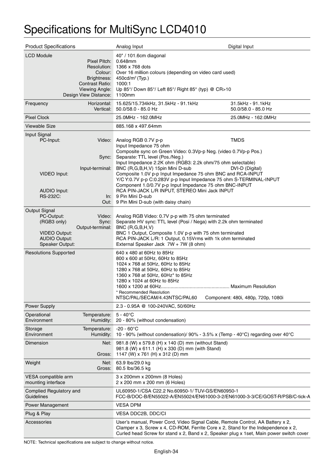 NEC LCD4610, LCD4610 Specifications for MultiSync LCD4010, Product Specifications, English-34, Analog Input Digital Input 