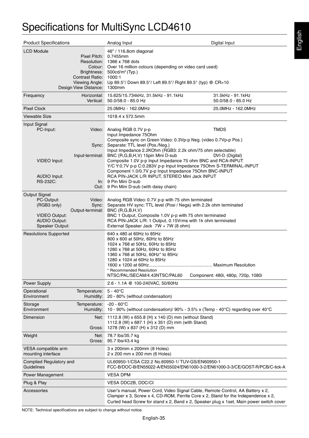 NEC LCD4010, LCD4610, LCD4610, LCD4610 user manual Specifications for MultiSync LCD4610, English-35 