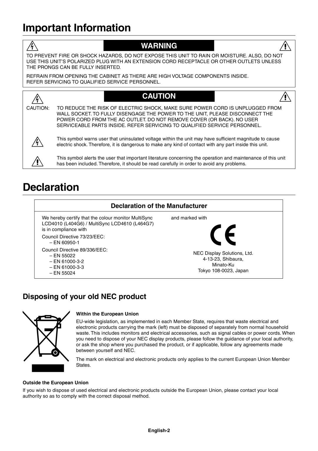 NEC LCD4610, LCD4610, LCD4010, LCD4610 user manual Important Information, Declaration, Disposing of your old NEC product 