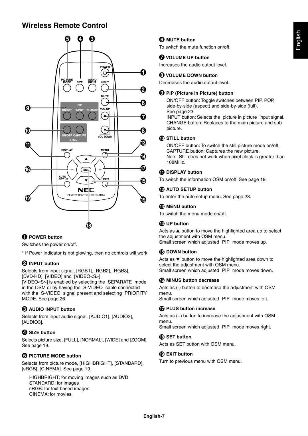 NEC LCD4010, LCD4610, LCD4610, LCD4610 user manual Wireless Remote Control 