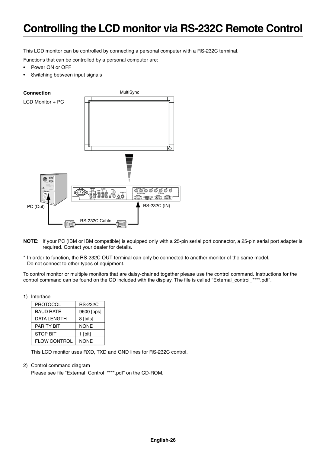 NEC LCD4615 user manual Controlling the LCD monitor via RS-232C Remote Control, Connection, English-26 