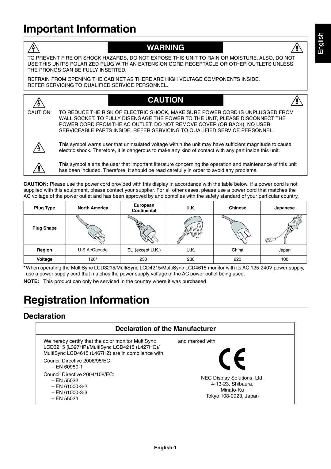 NEC LCD4615 user manual Important Information, Registration Information, Declaration of the Manufacturer, English 
