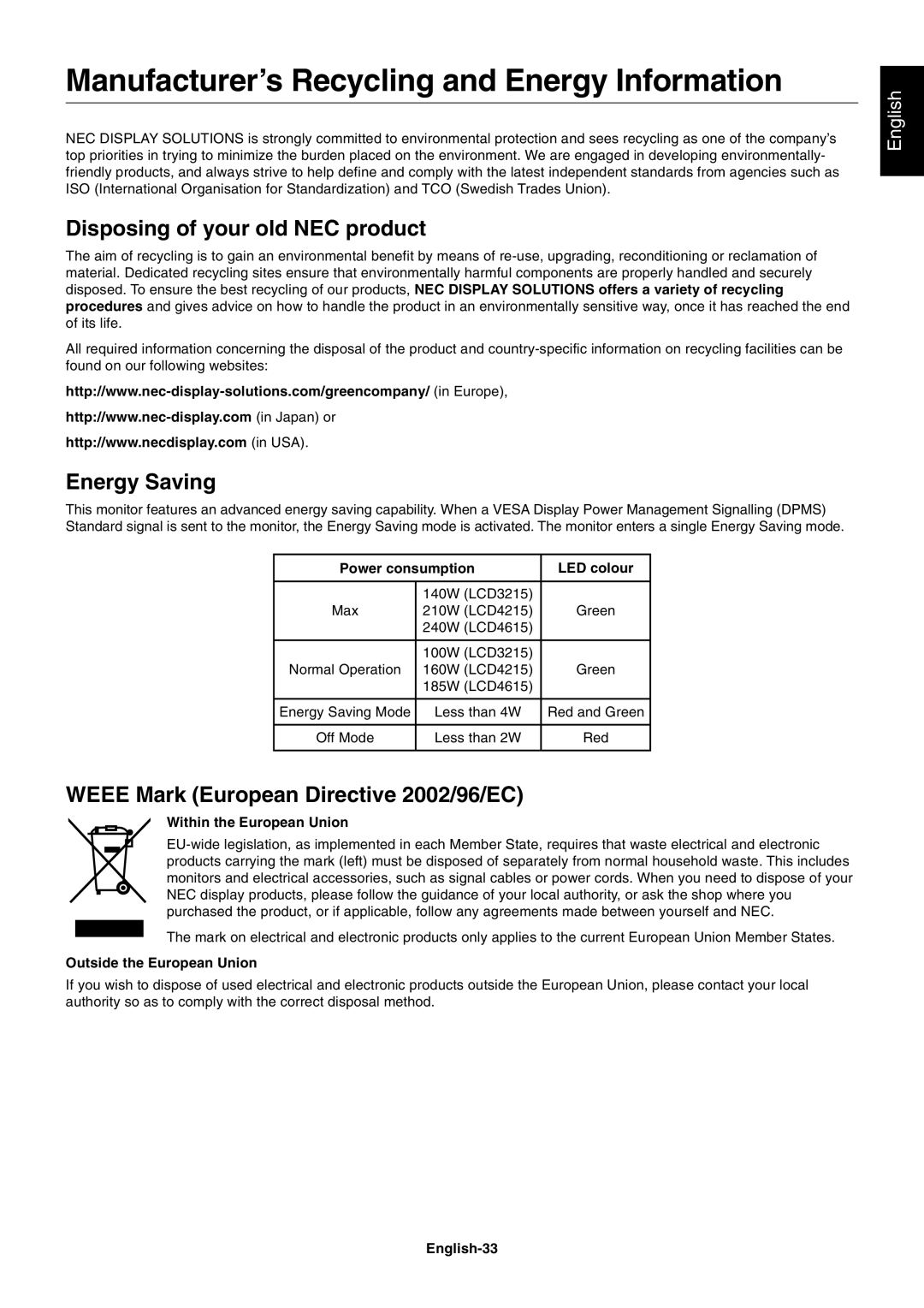 NEC LCD4615 Manufacturer’s Recycling and Energy Information, Disposing of your old NEC product, Energy Saving, English 