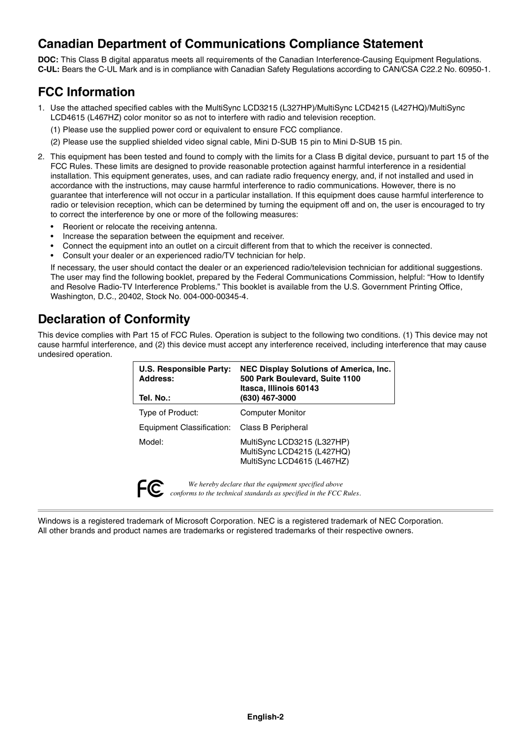NEC LCD4615 Canadian Department of Communications Compliance Statement, FCC Information, Declaration of Conformity 