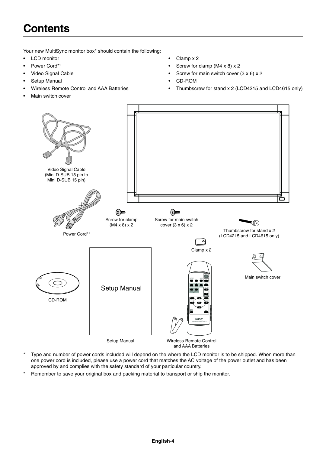 NEC LCD4615 user manual Contents, Setup Manual 