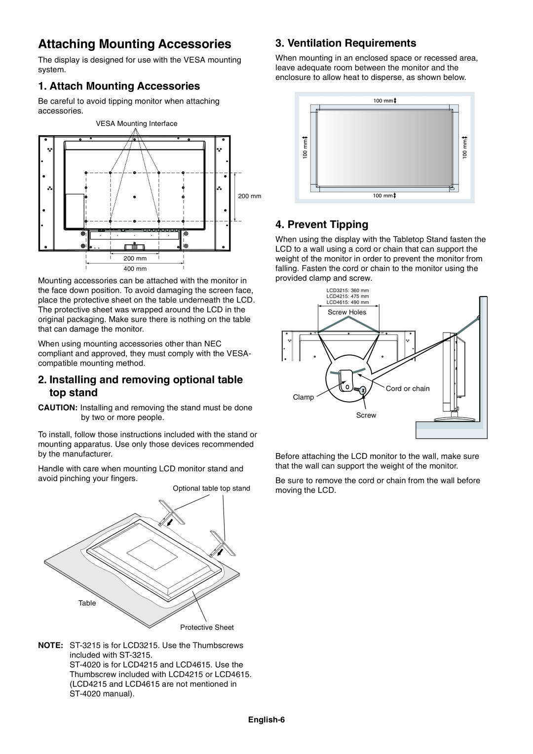 NEC LCD4615 Attaching Mounting Accessories, Attach Mounting Accessories, Installing and removing optional table top stand 