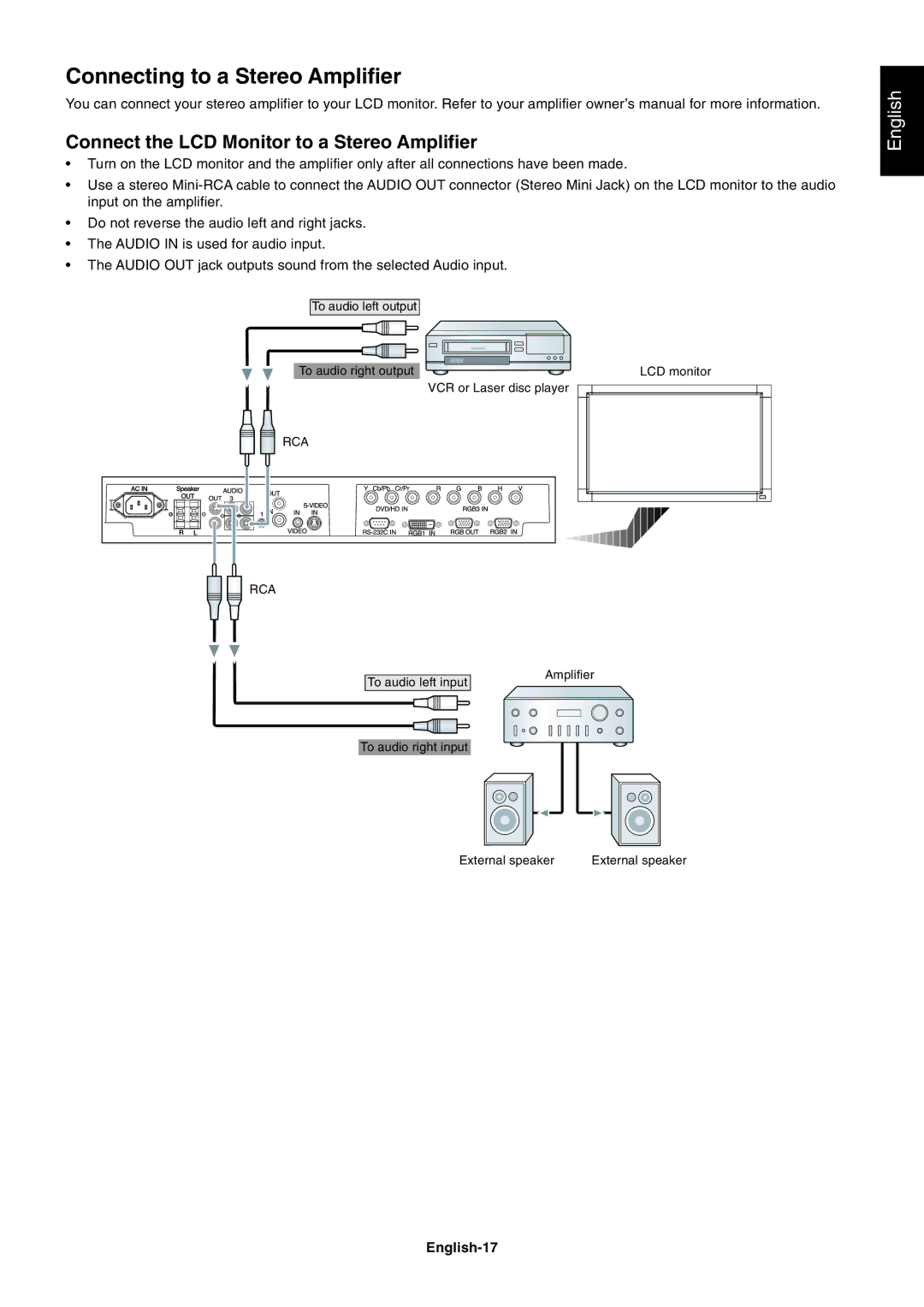 NEC LCD4615 user manual Connecting to a Stereo Amplifier, Connect the LCD Monitor to a Stereo Amplifier, English-17, Rca 