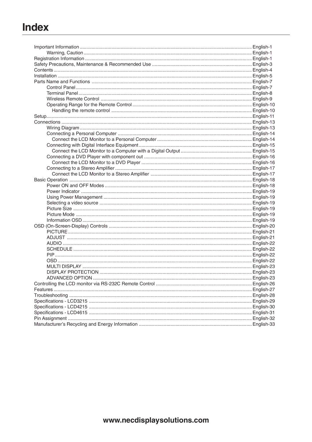 NEC LCD4615 user manual Index, Advanced Option 