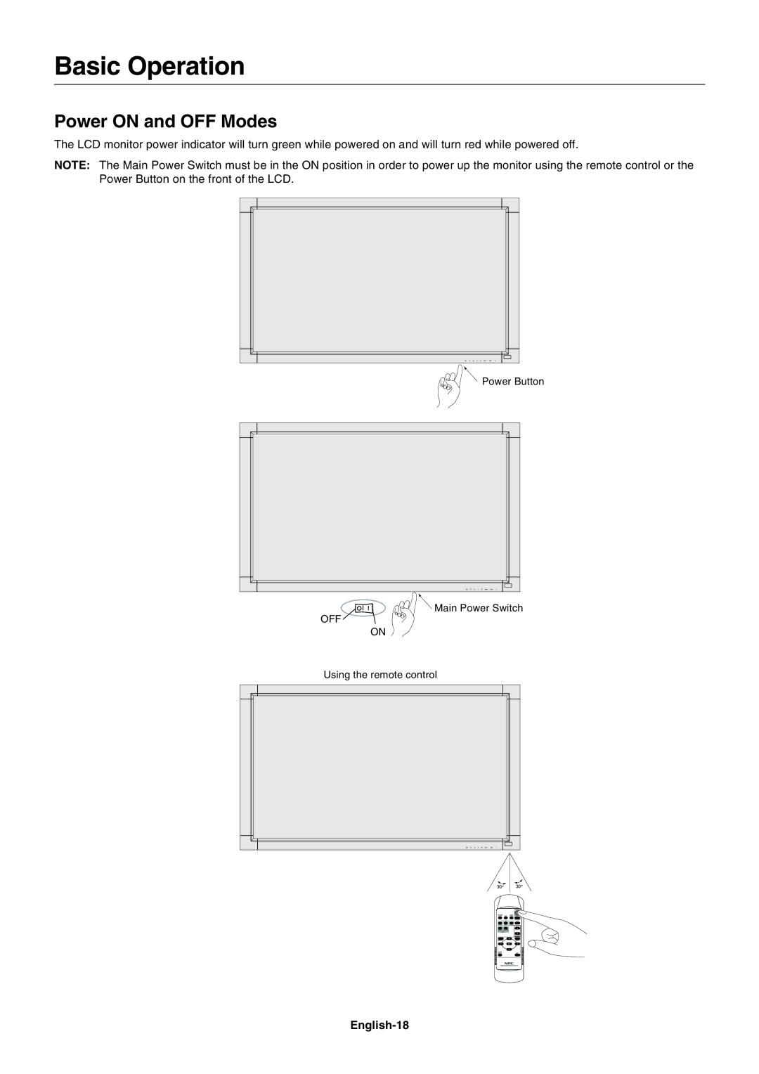 NEC LCD4615 user manual Basic Operation, Power on and OFF Modes, English-18 