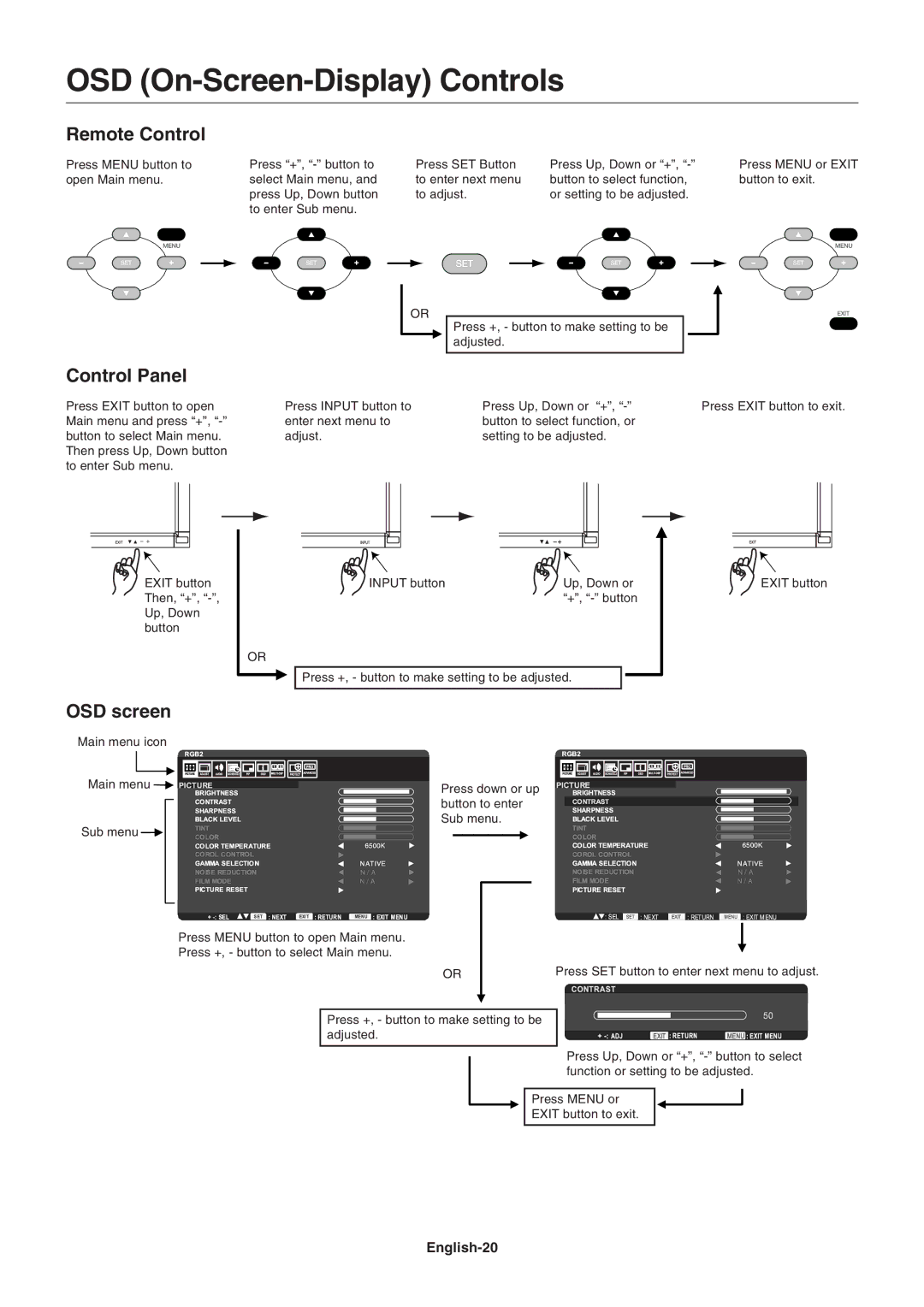 NEC LCD4615 user manual OSD On-Screen-Display Controls, Remote Control, Control Panel, OSD screen, English-20 