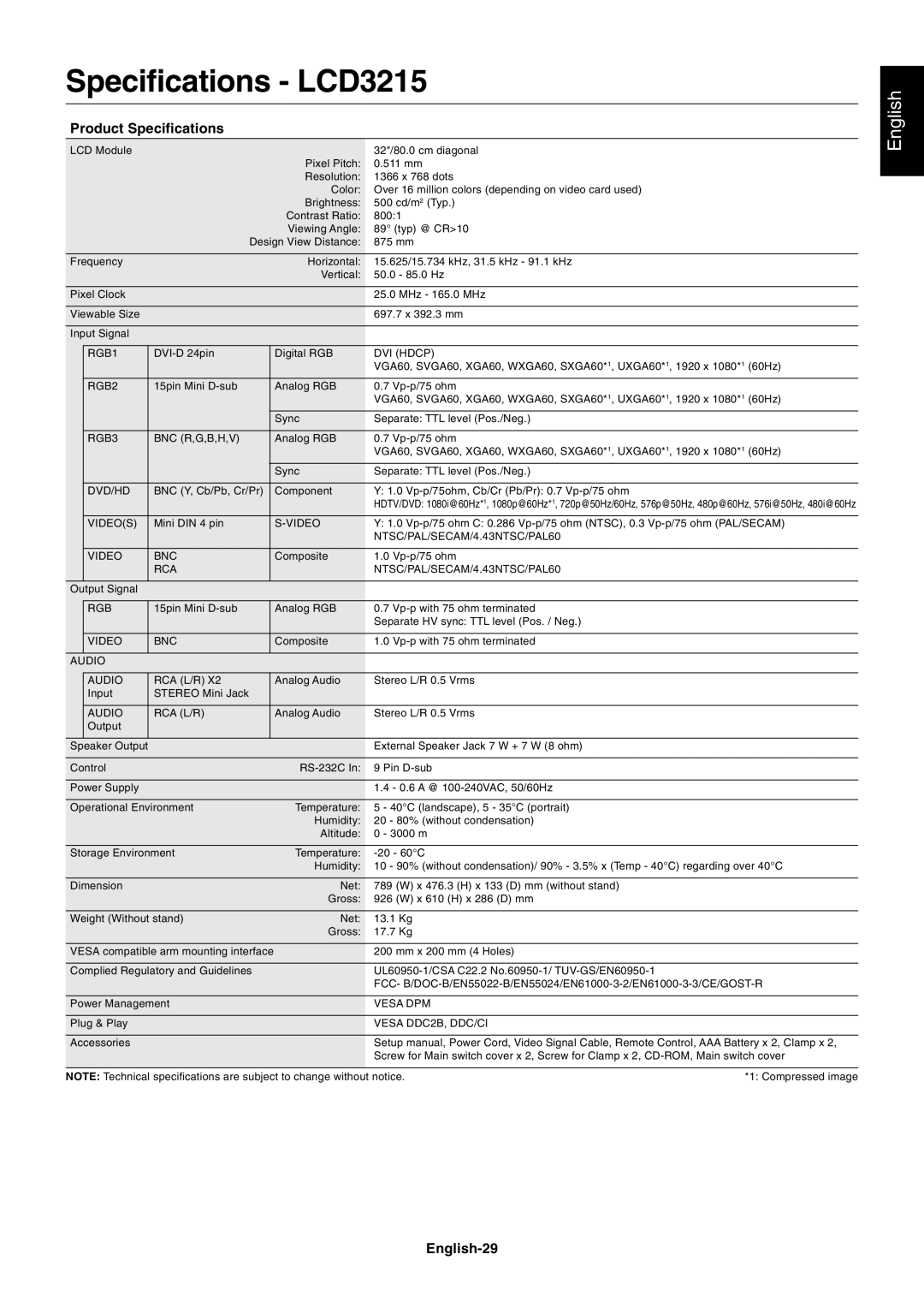 NEC LCD4615 user manual Specifications LCD3215, Product Specifications, English-29 