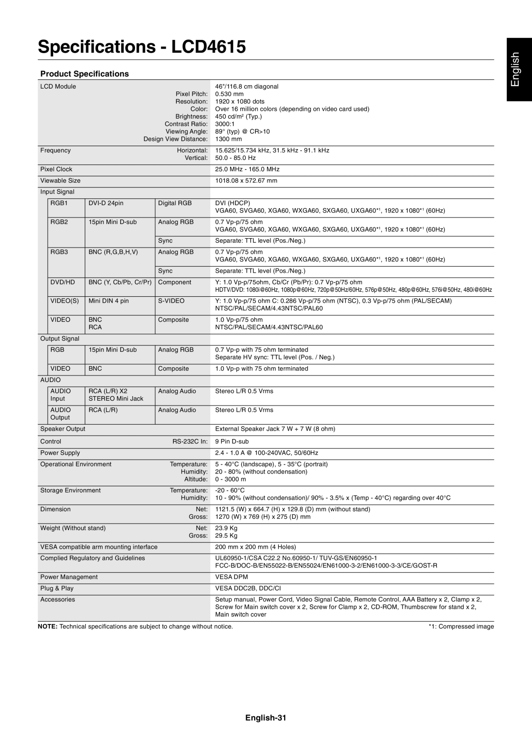 NEC user manual Specifications LCD4615, English-31 