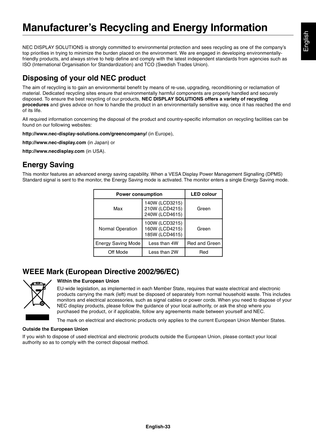 NEC LCD4615 user manual Manufacturer’s Recycling and Energy Information, Disposing of your old NEC product, Energy Saving 