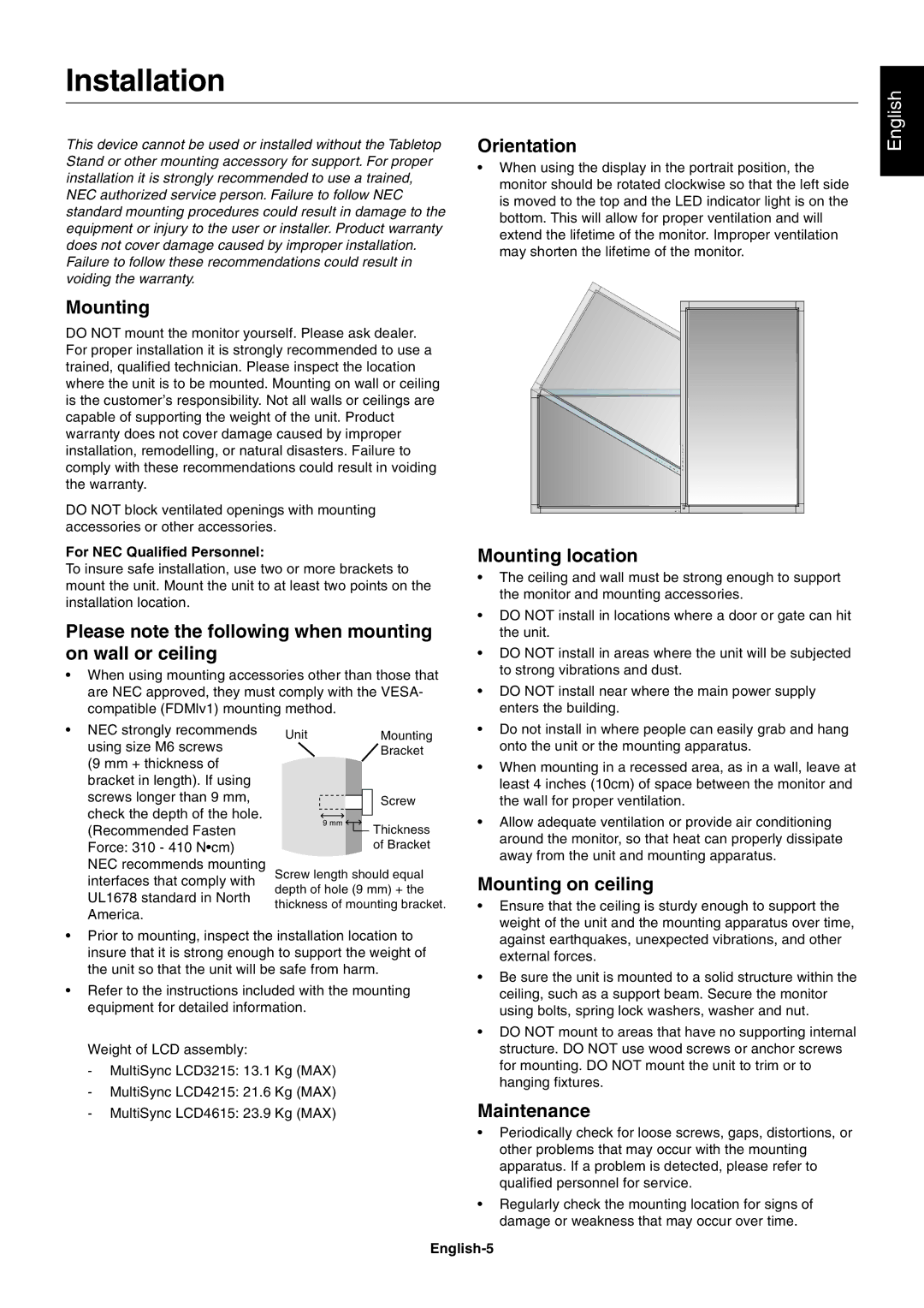 NEC LCD4615 user manual Installation 