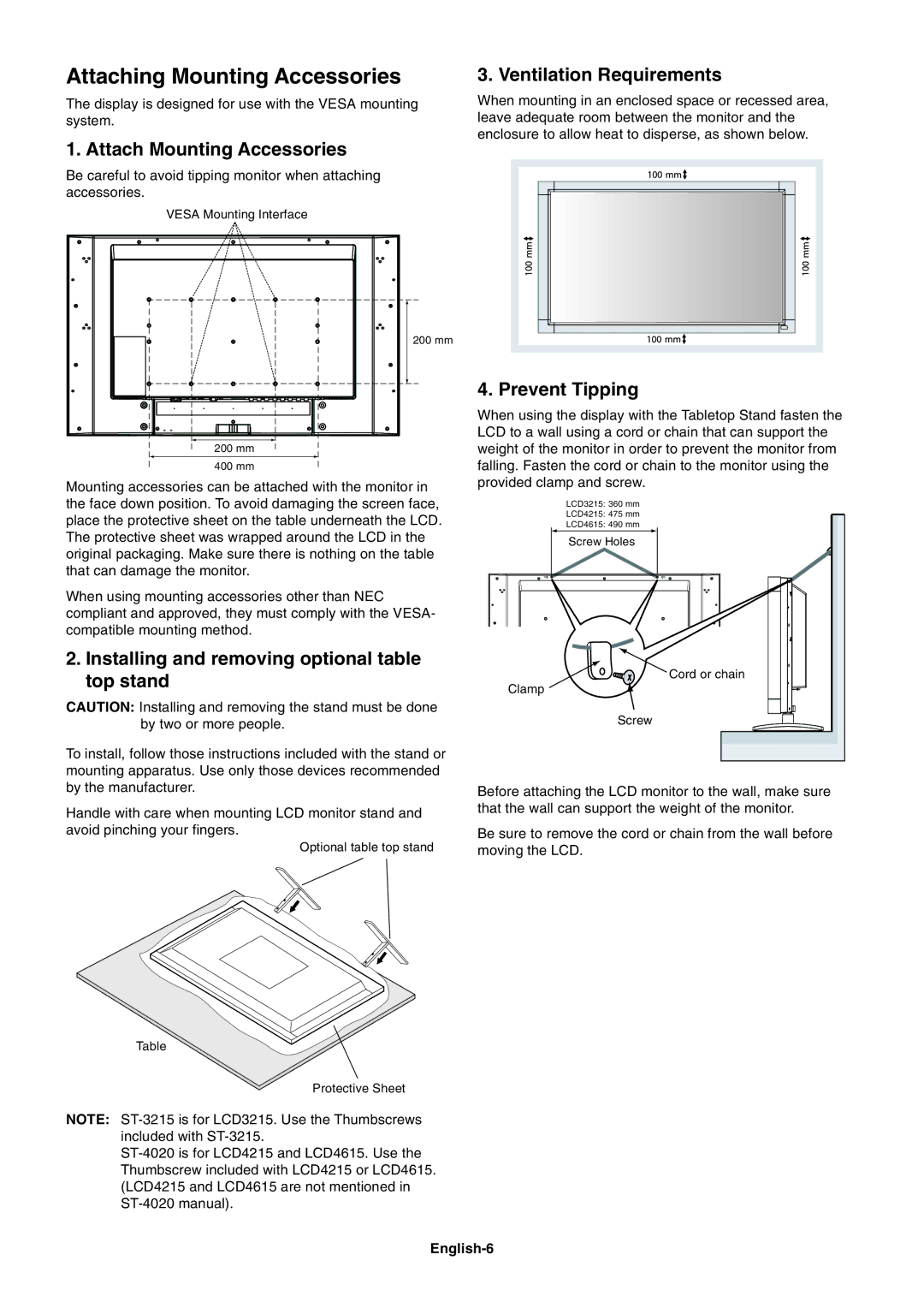 NEC LCD4615 Attaching Mounting Accessories, Attach Mounting Accessories, Installing and removing optional table top stand 