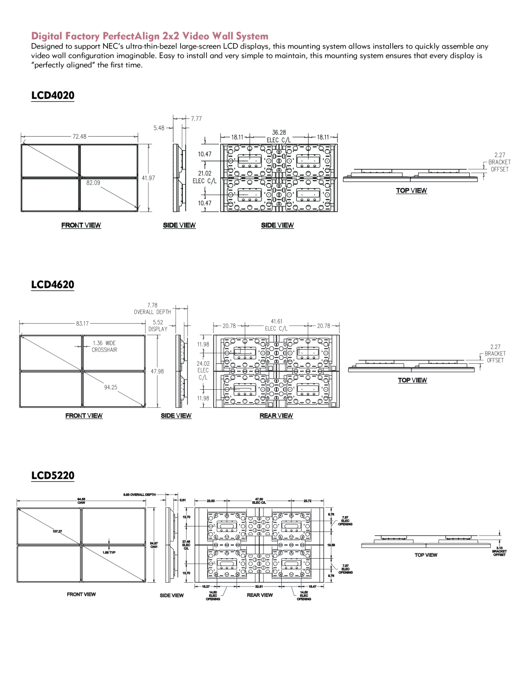 NEC LCD4020-TMX4, LCD5220-TMX4 manual Digital Factory PerfectAlign 2x2 Video Wall System, LCD4020 LCD4620 LCD5220 