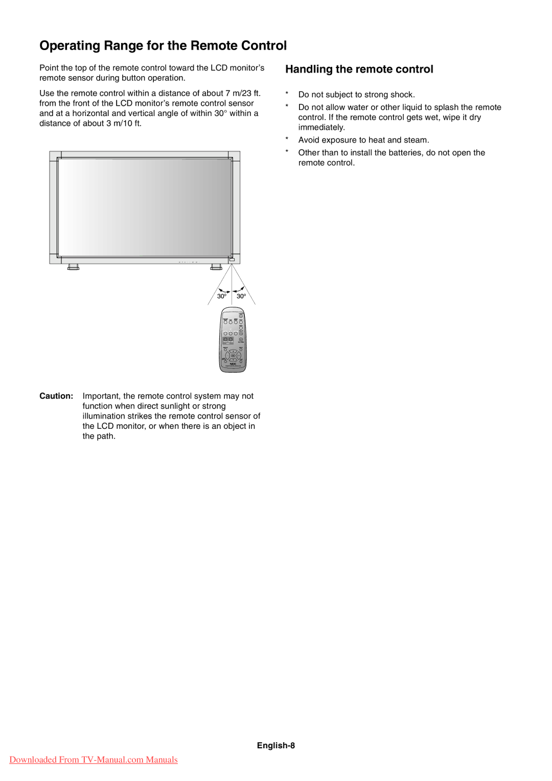 NEC LCD5710 user manual Operating Range for the Remote Control, Handling the remote control, English-8 