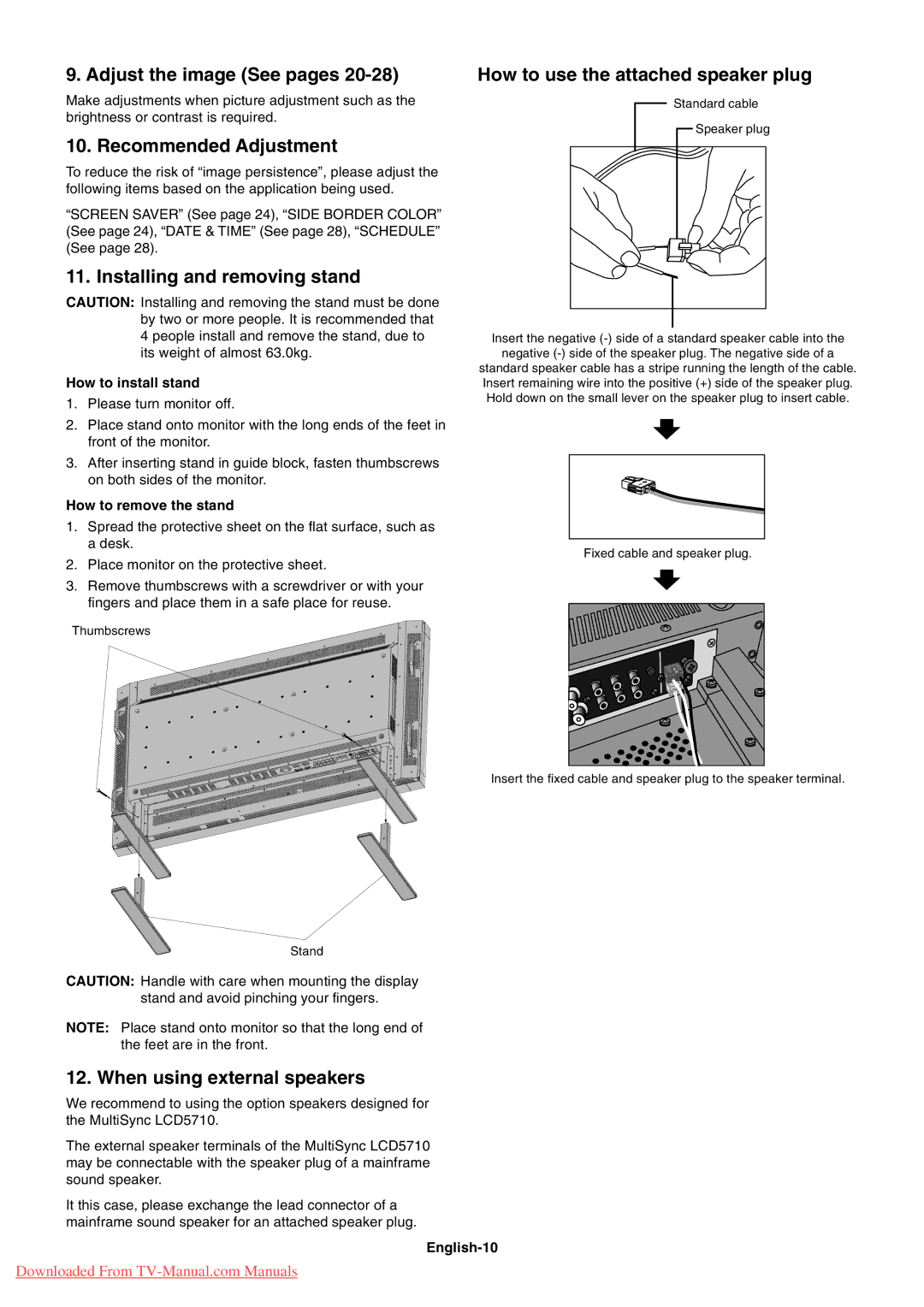 NEC LCD5710 user manual Adjust the image See pages, Recommended Adjustment, Installing and removing stand 