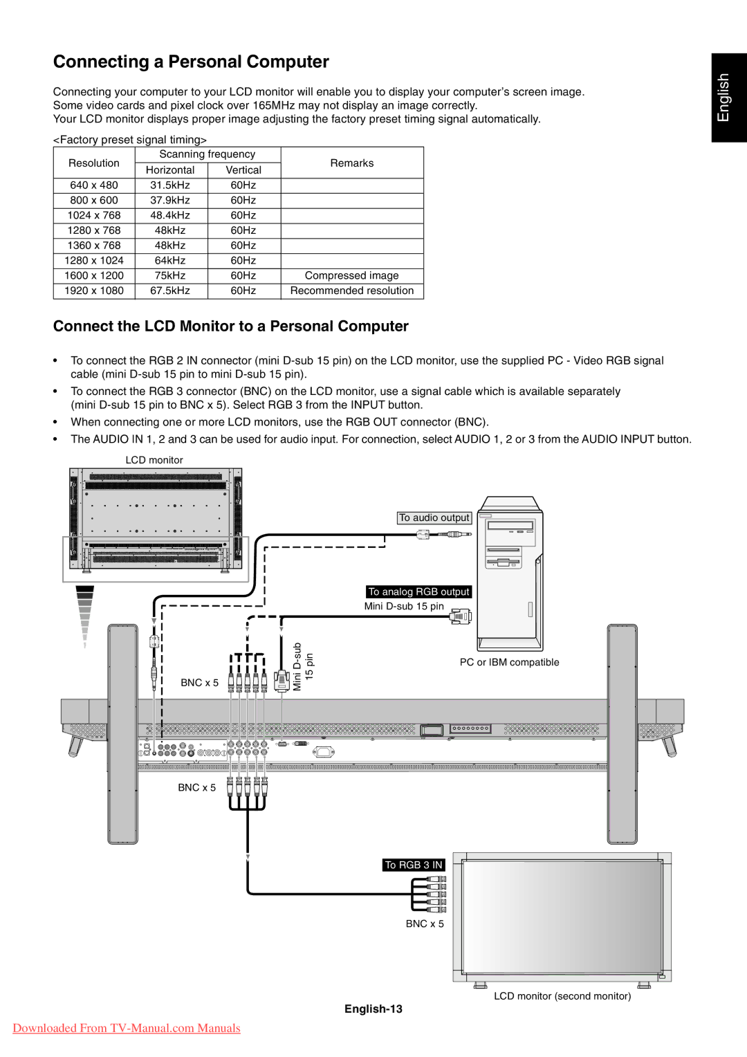 NEC LCD5710 user manual Connecting a Personal Computer, Connect the LCD Monitor to a Personal Computer, English-13 