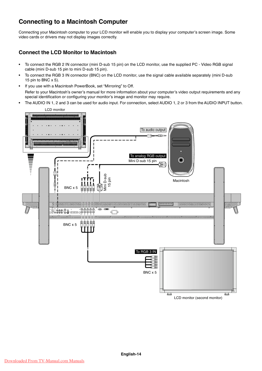 NEC LCD5710 user manual Connecting to a Macintosh Computer, Connect the LCD Monitor to Macintosh, English-14 