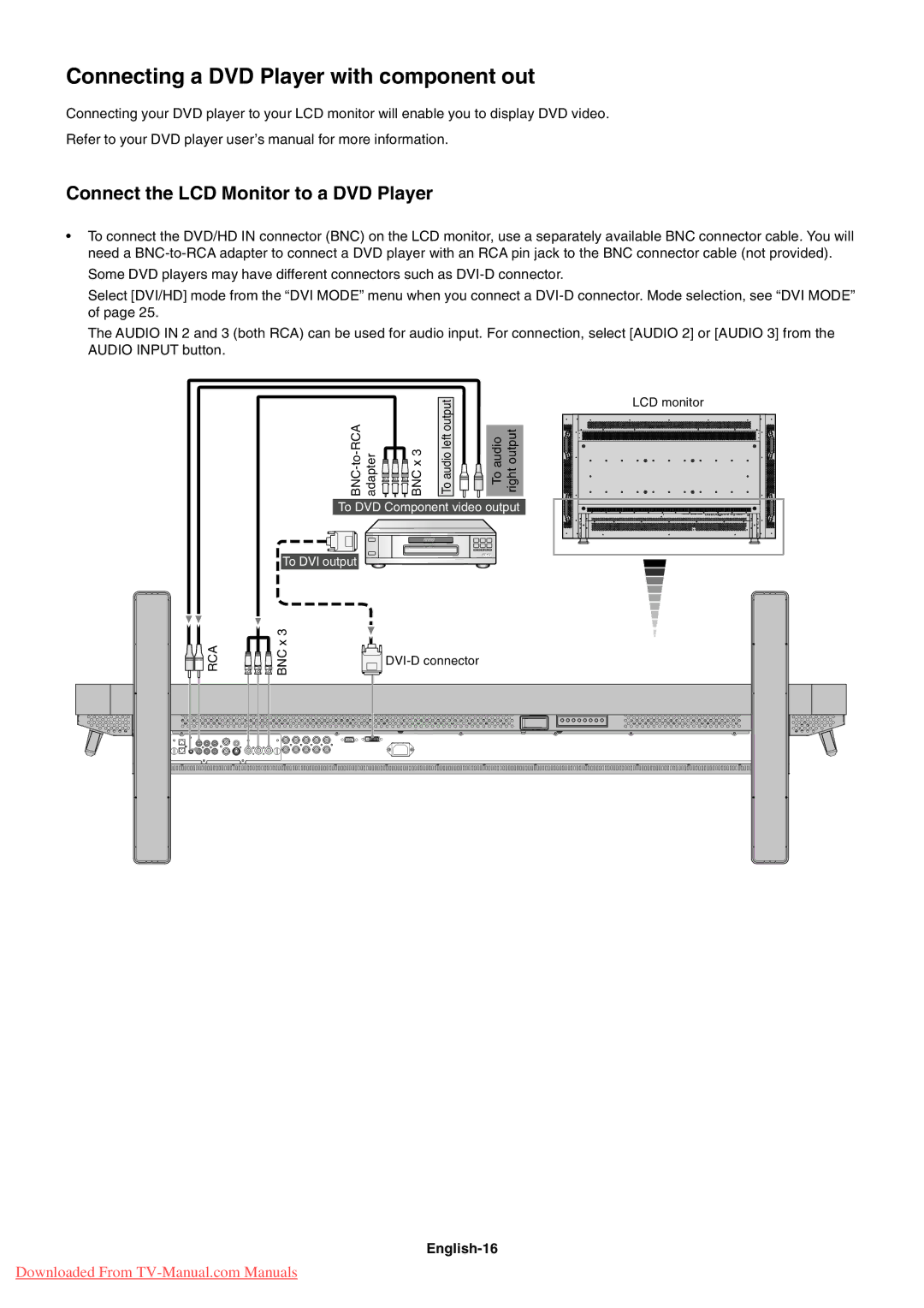 NEC LCD5710 user manual Connecting a DVD Player with component out, Connect the LCD Monitor to a DVD Player, English-16 