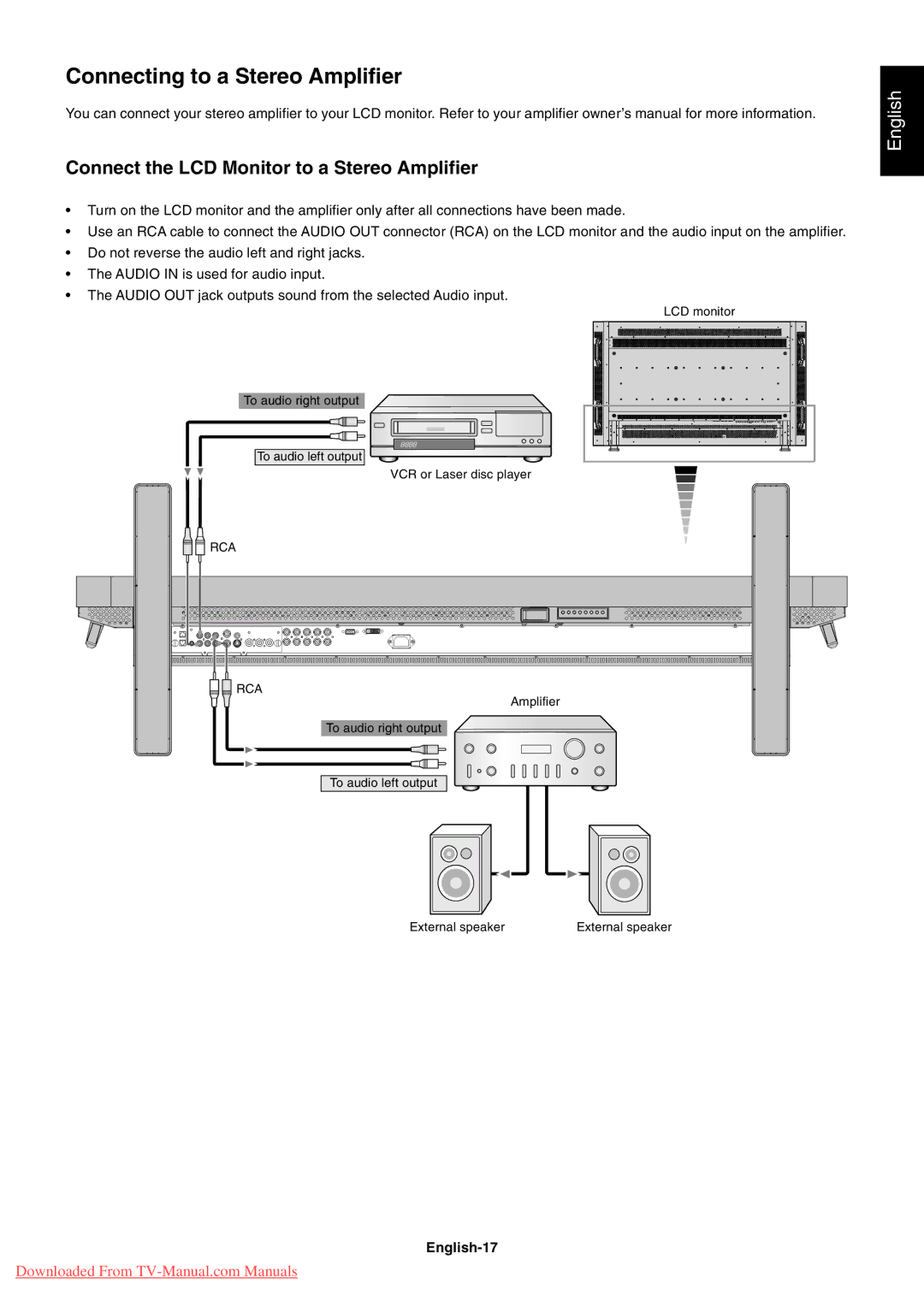 NEC LCD5710 user manual Connecting to a Stereo Amplifier, Connect the LCD Monitor to a Stereo Amplifier, English-17 