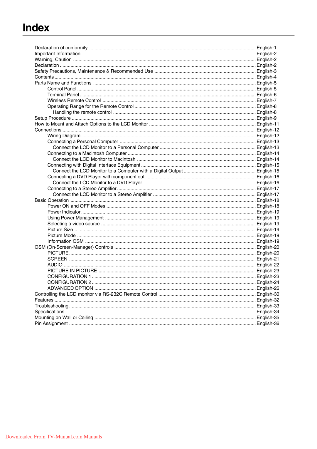 NEC LCD5710 user manual Index, Advanced Option 