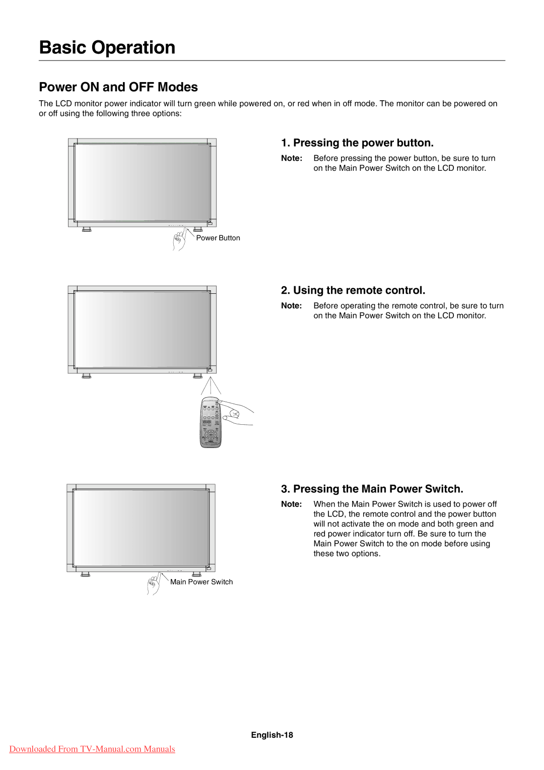 NEC LCD5710 user manual Basic Operation, Power on and OFF Modes, Pressing the power button, English-18 