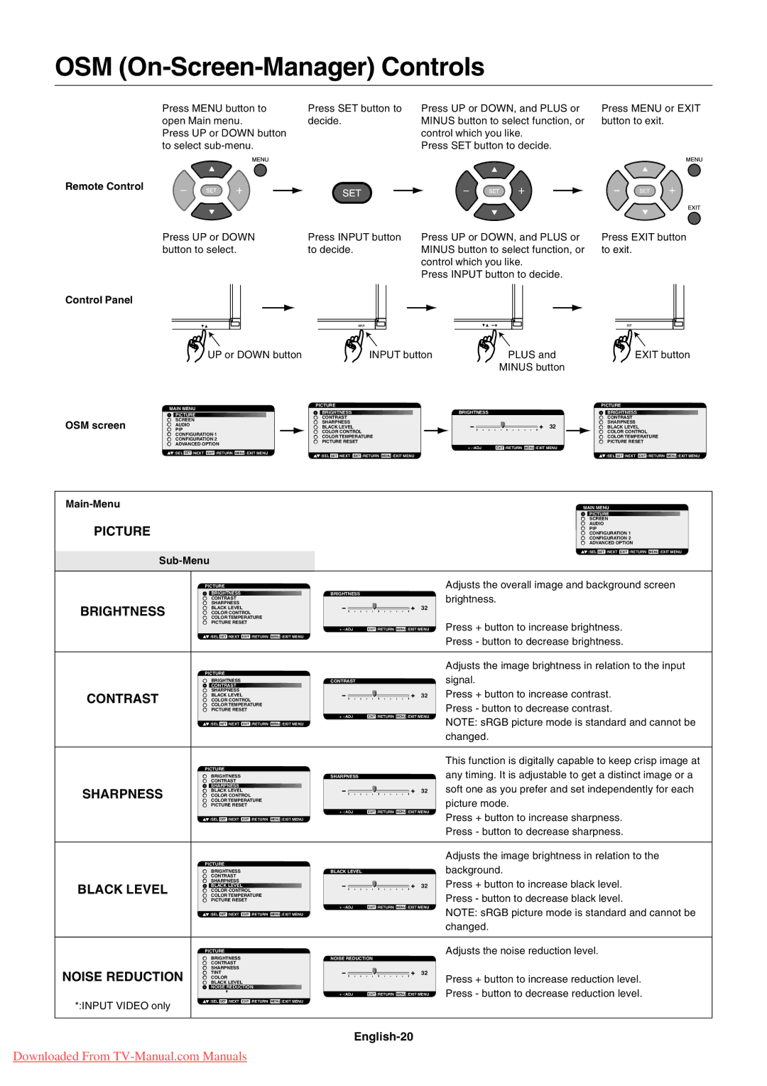 NEC LCD5710 user manual OSM On-Screen-Manager Controls, Picture, English-20 