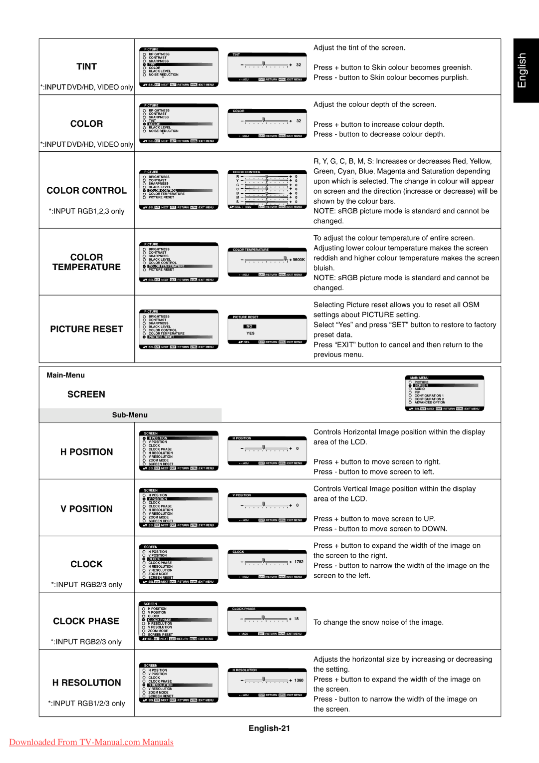 NEC LCD5710 user manual Tint, English-21 