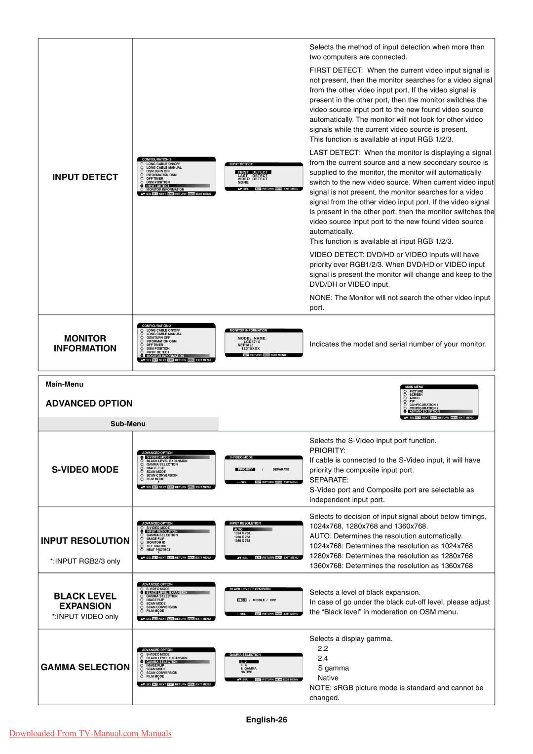 NEC LCD5710 user manual Input Detect, Monitor, Information, Advanced Option, English-26 