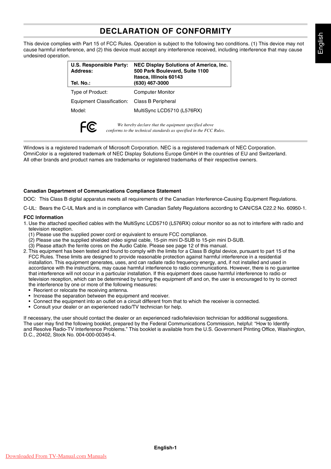 NEC LCD5710 user manual Canadian Department of Communications Compliance Statement, FCC Information, English-1 